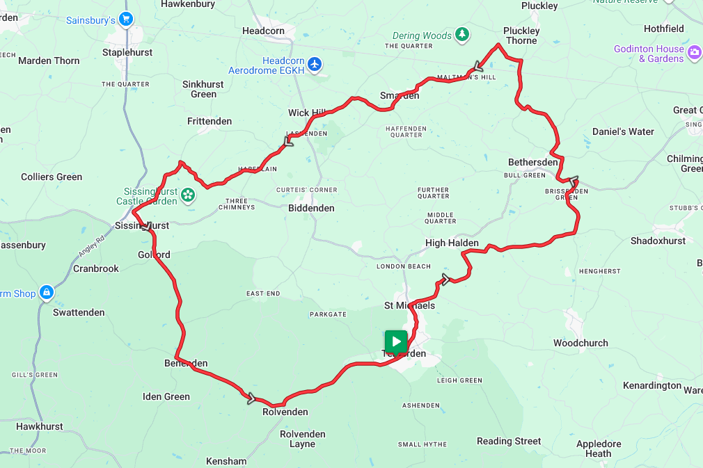 A cycle route starting in Tenterden Kent.