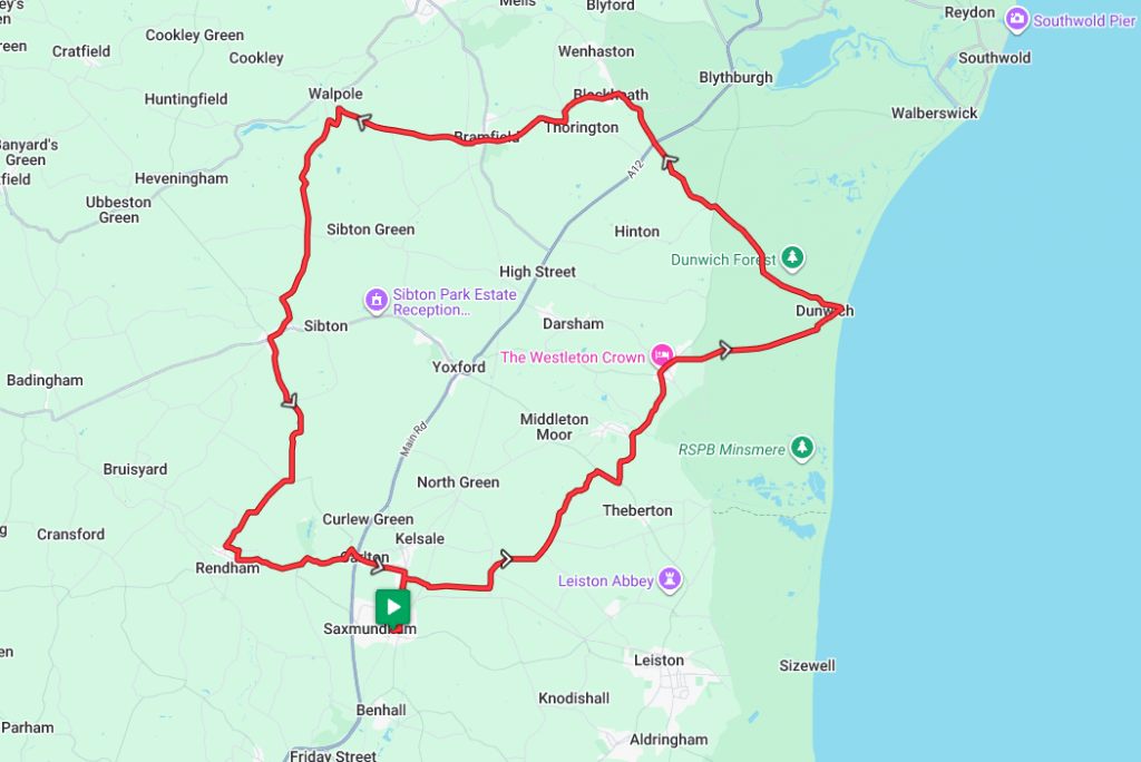 A map of a bicycle route from Saxmundham to Dunwich