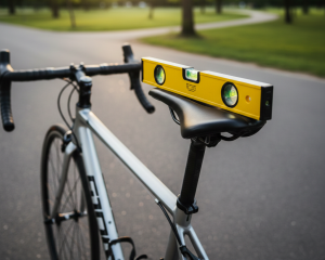 Picture showing a bike saddle being levelled with a spirit level