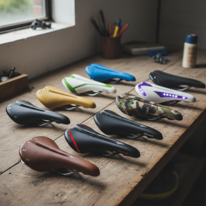 A picture showing a number of different bicycle saddle types that are available