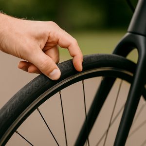 Checking a bike tyre pressure by hand
