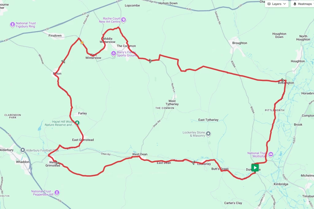 A cycling route map starting at Mottisfont in Hampshire