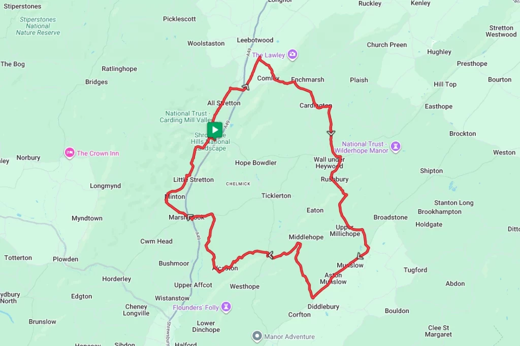 A map of a cycle routing starting in Church Stretton