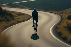 A picture of a cyclist descending a gentle hill