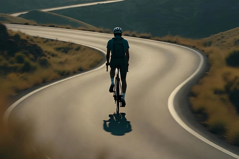 A picture of a cyclist descending a gentle hill