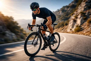 A cyclist pushing hard up hill to improve his cycling fitness