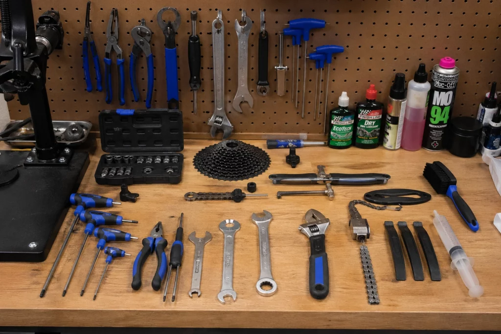 A collection of cycling tools to help maintain a bicycle