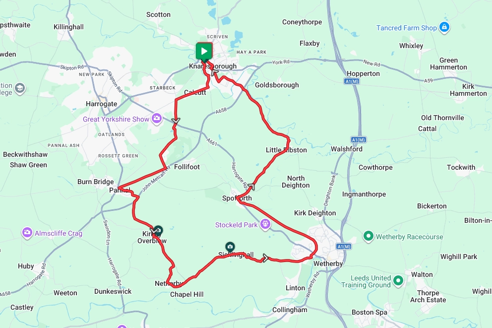 Map of a Cycling Route Starting in Knaresborough