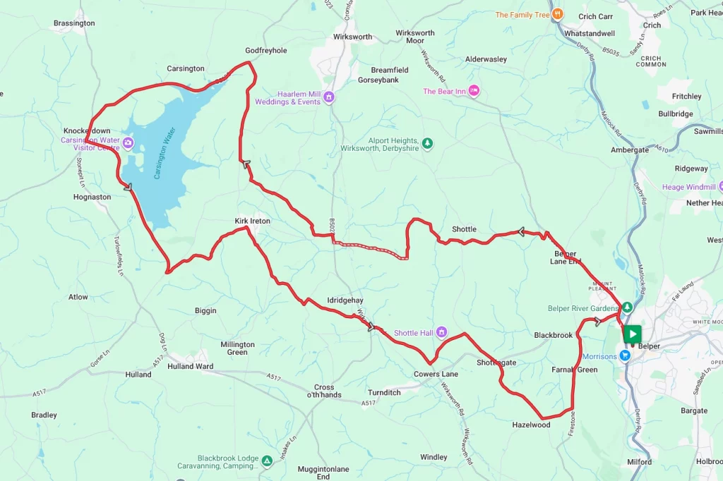 A map of a bike route between Belper and Carsington Water