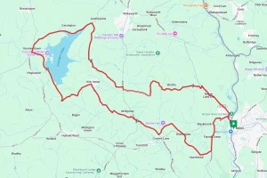 A map of a bike route between Belper and Carsington Water