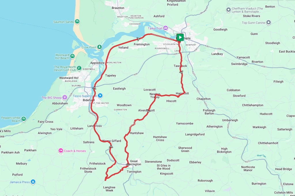 A map of a cycle route that includes the Tarka Trail