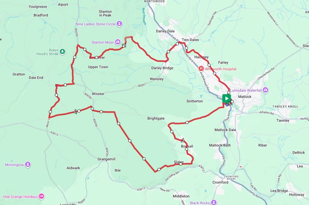 Map of a Short Bike Route Based In Matlock Derbyshire