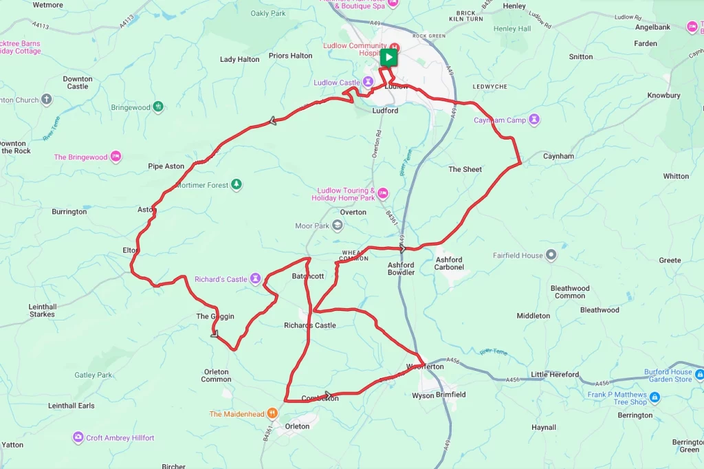 A map of a cycle route starting and finishing in Ludlow