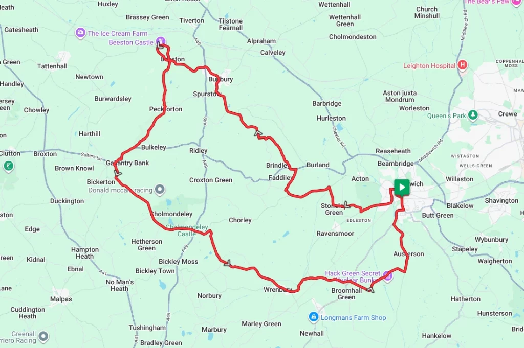 A map of a cycling route starting an Nantwich and looping out to Beeston Castle and back.