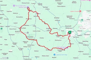 A map of a cycling route starting an Nantwich and looping out to Beeston Castle and back.