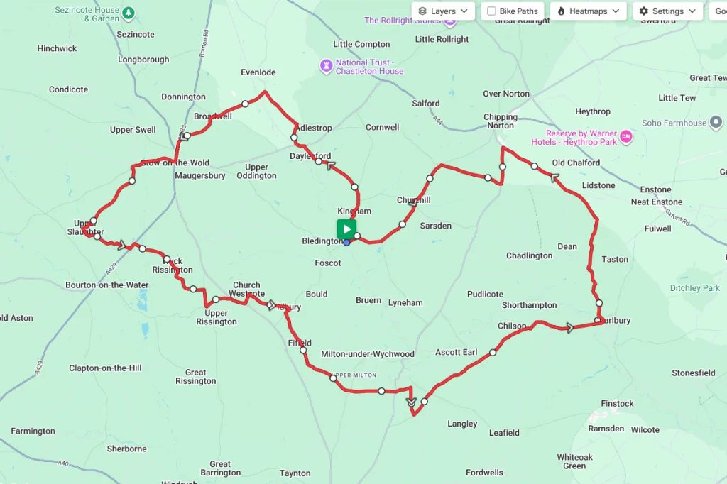 Map of a cycling route around the Cotswolds