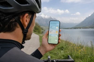 A picture of a cyclist checking the spring weather forecast