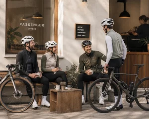 Cyclists gathered outside a cycling cafe
