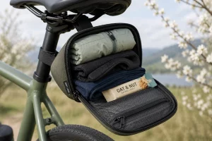 A picture showing a saddlebag with spare clothes for riding in changeable spring weather