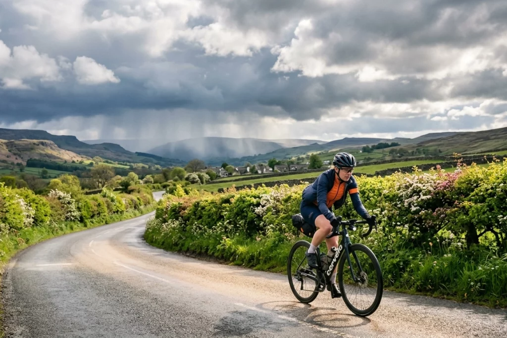 A picture showing someone riding in changeable spring weather
