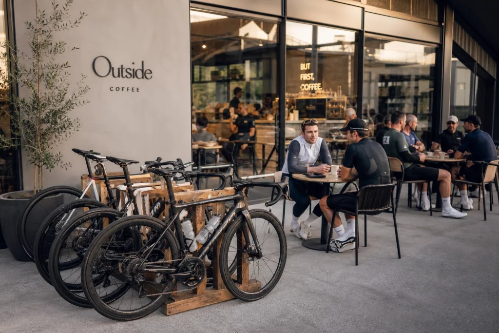 A picture showing the outside of a cycling cafe