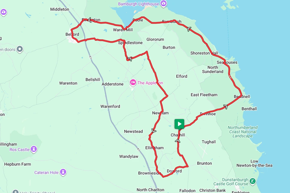 A map of a bicycle route incorporating Bamburgh Castle