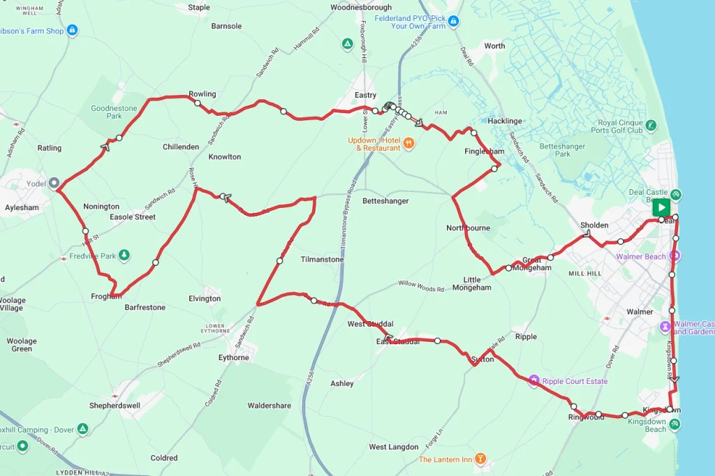 A map showing a cycling route in Kent between Deal and Aylesham