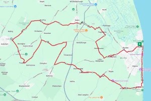 A map showing a cycling route in Kent between Deal and Aylesham